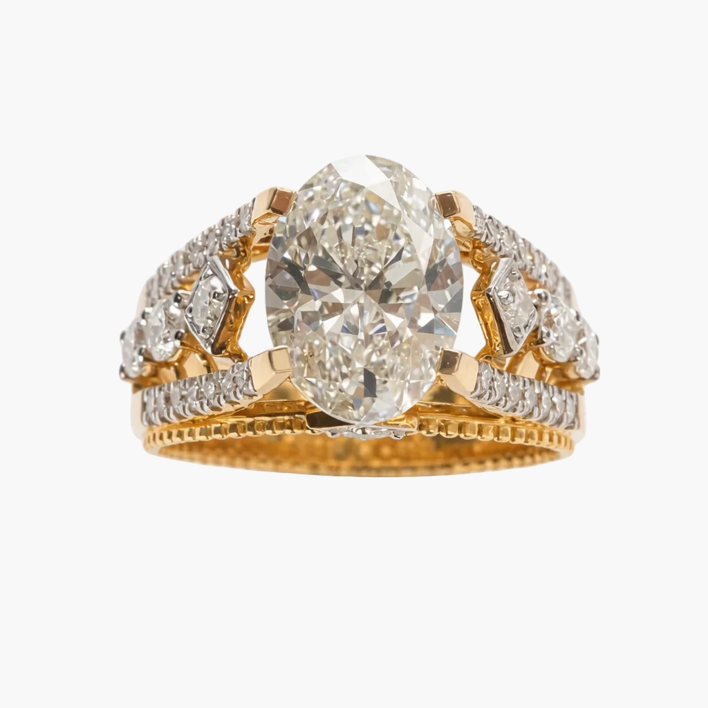 Gold ring with a large diamond and smaller diamonds on a white background