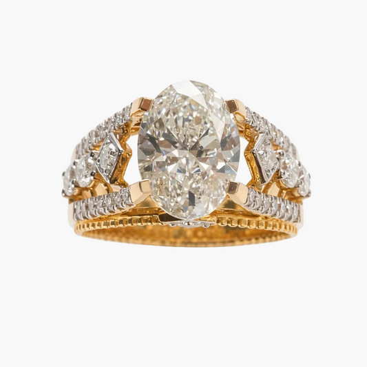 Gold ring with a large diamond and smaller diamonds on a white background