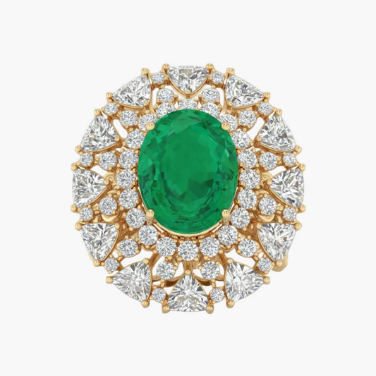 Gold ring with a green gemstone and diamond accents on a white background