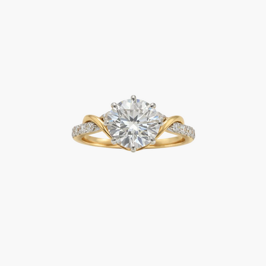 Gold ring with a large diamond on a white background