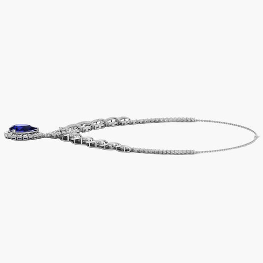 Diamond necklace with a blue gemstone on a white background