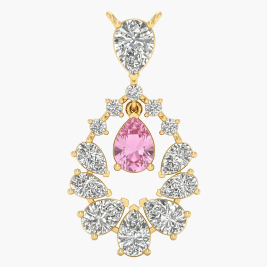 Gold necklace with a pink teardrop pendant and clear gemstones on a white background