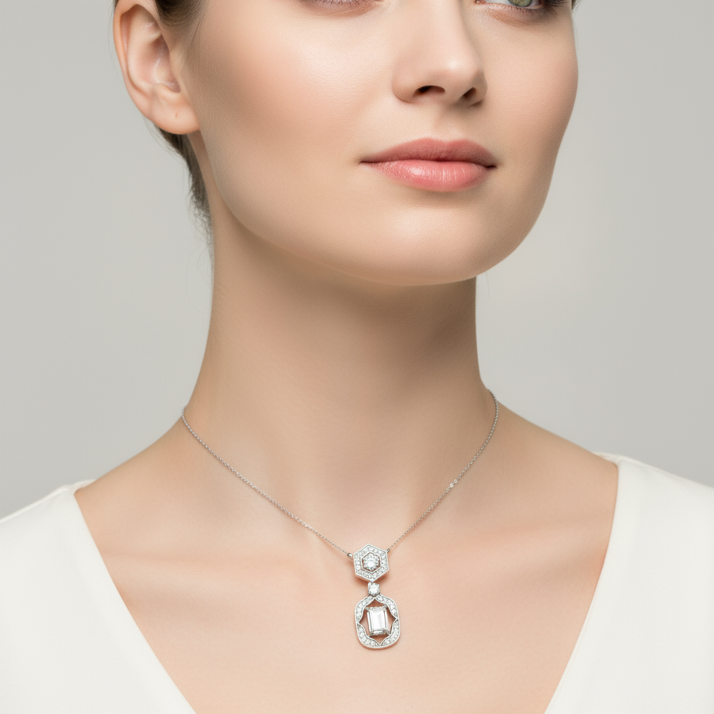 Female model wearing Art Deco diamond pendant