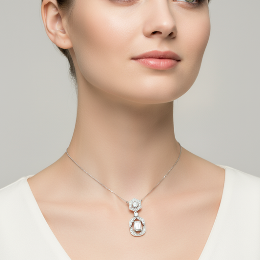 Female model wearing Art Deco diamond pendant