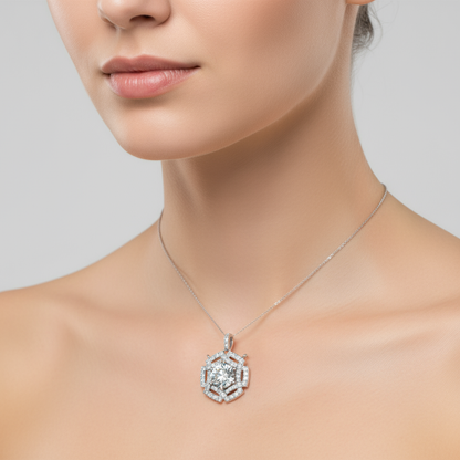Female model wearing Art Deco diamond pendant