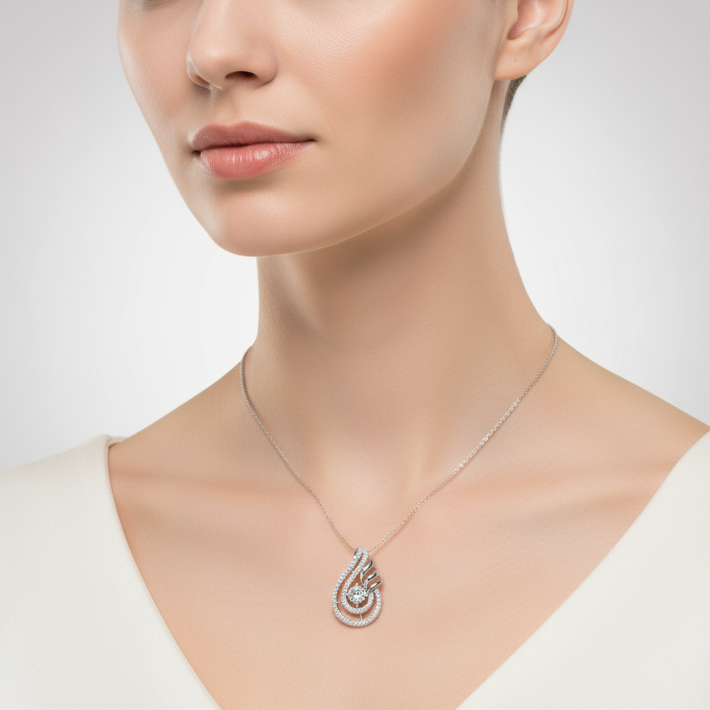 Female model wearing artistic diamond pendant