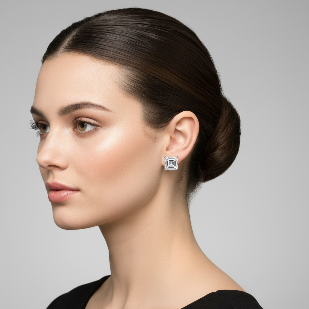 Female model wearing Asscher-cut diamond solitaire stud earrings