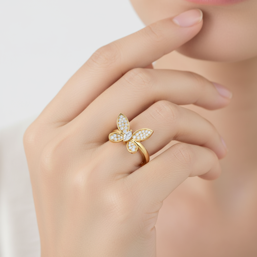 Female model wearing butterfly diamond ring