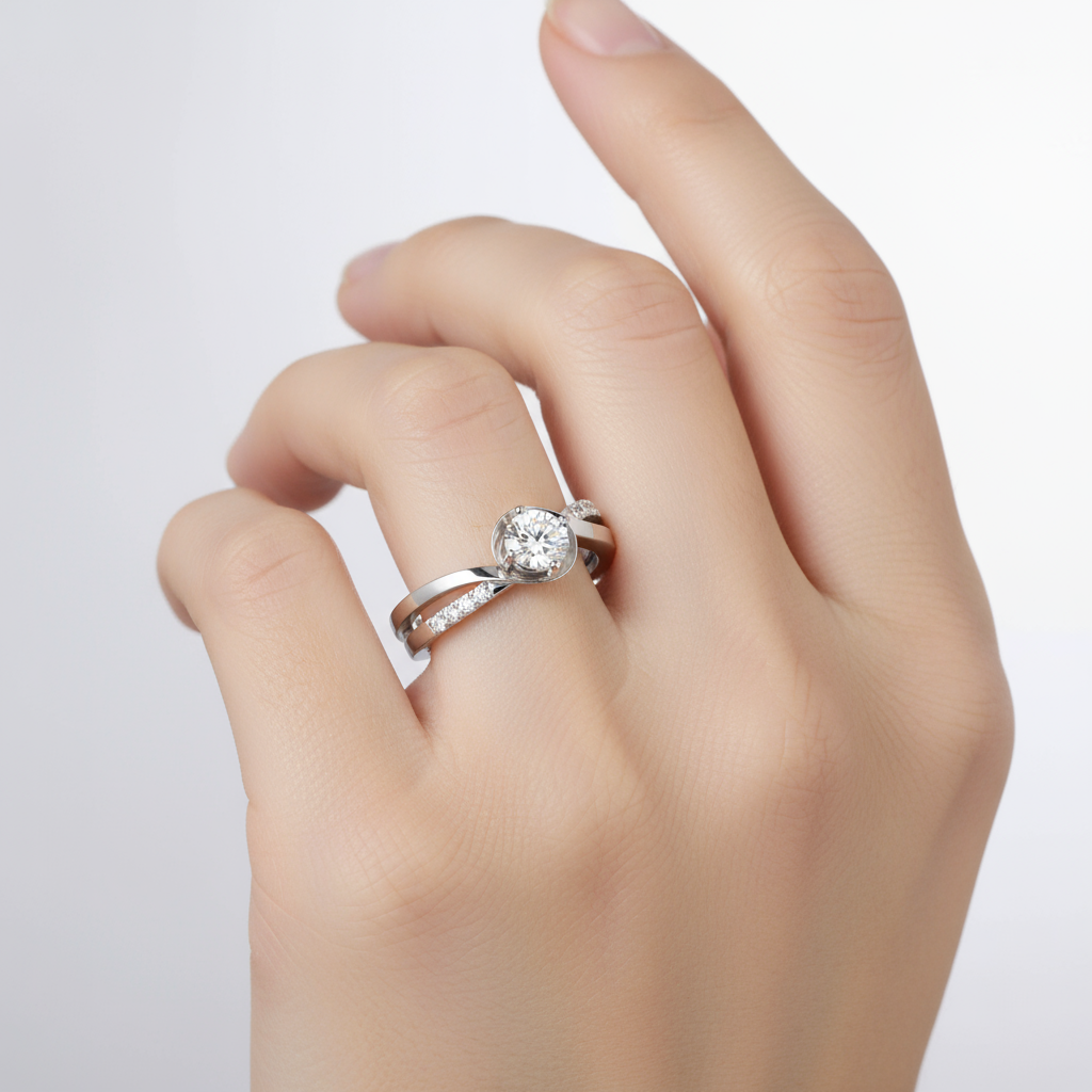 Female model wearing bypass diamond engagement ring