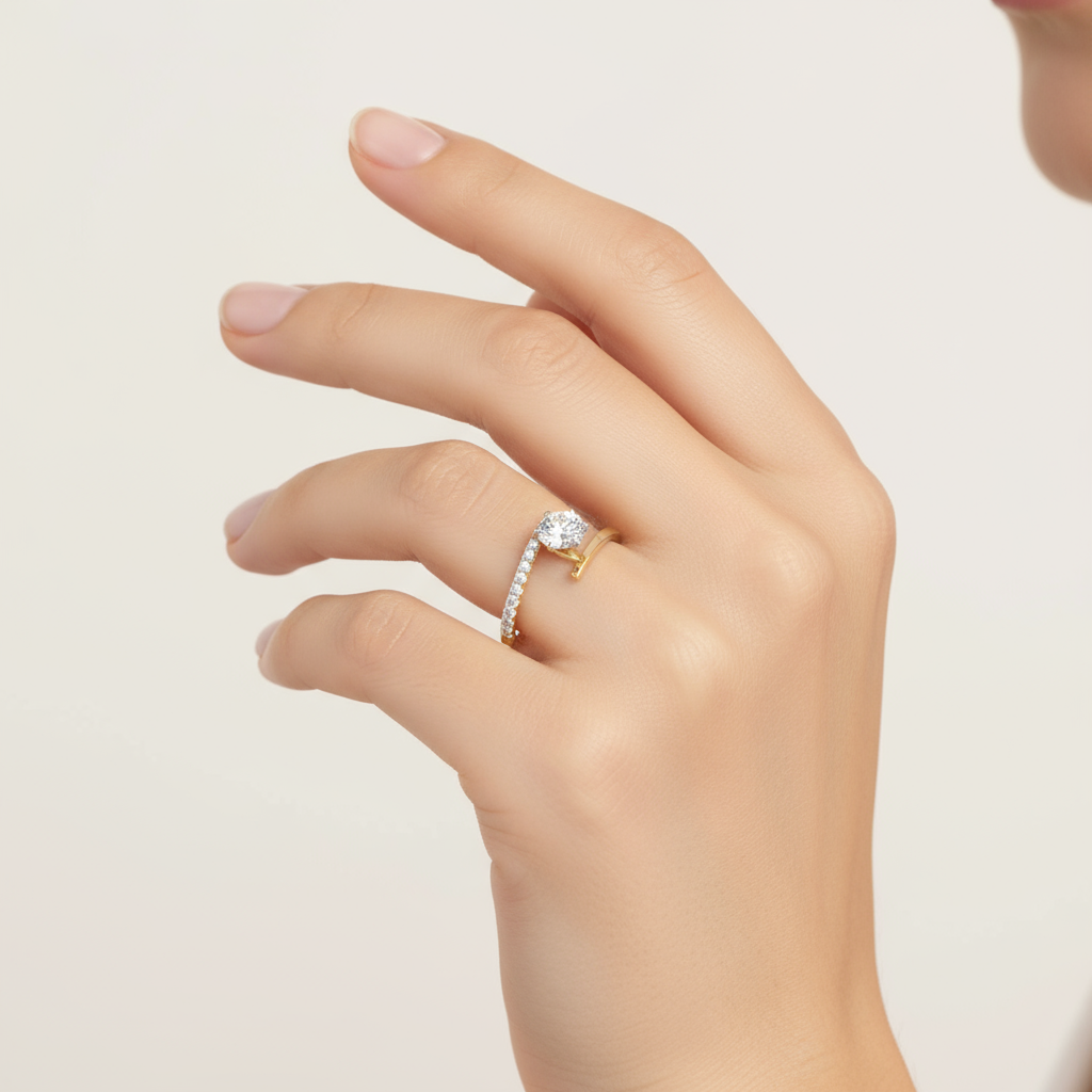 Female model wearing bypass solitaire diamond ring