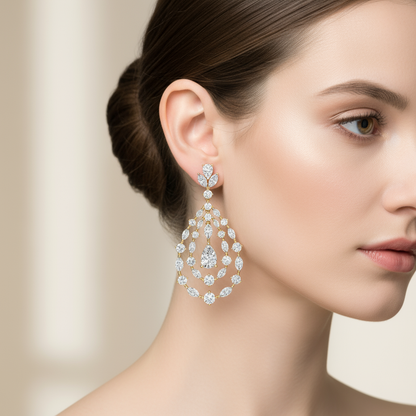 Female model wearing chandelier diamond earrings with mixed-shape stones