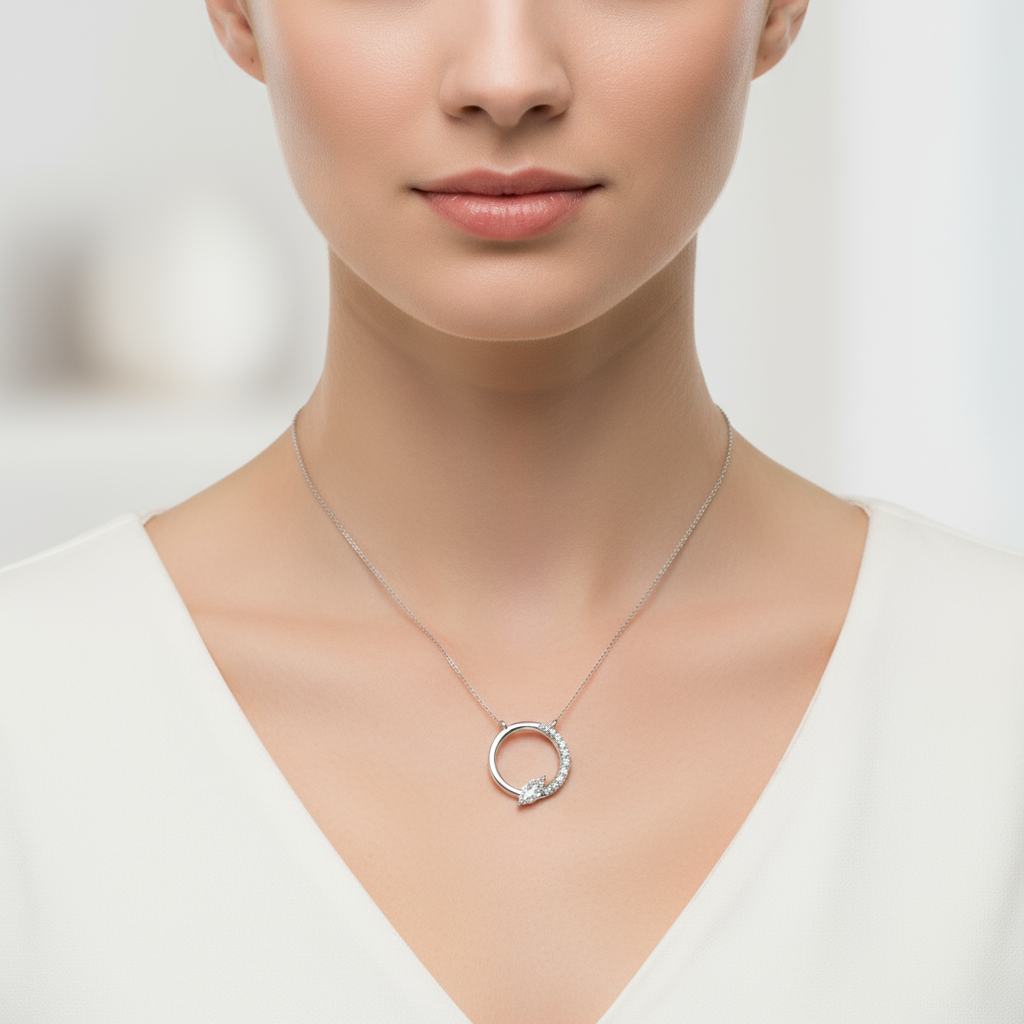 Female model wearing circular marquise diamond pendant