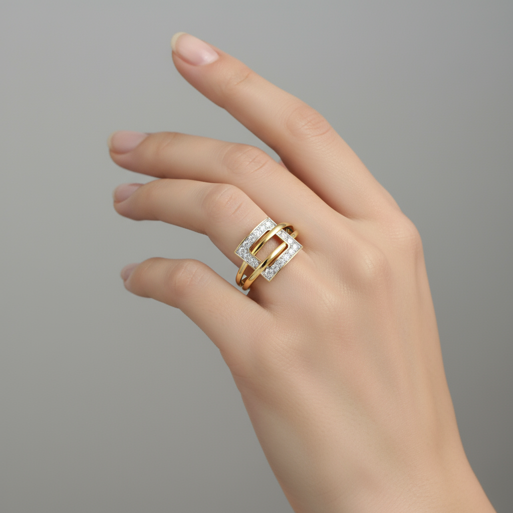 Female model wearing contemporary diamond ring