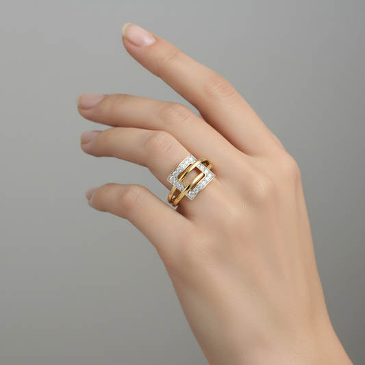 Female model wearing contemporary diamond ring