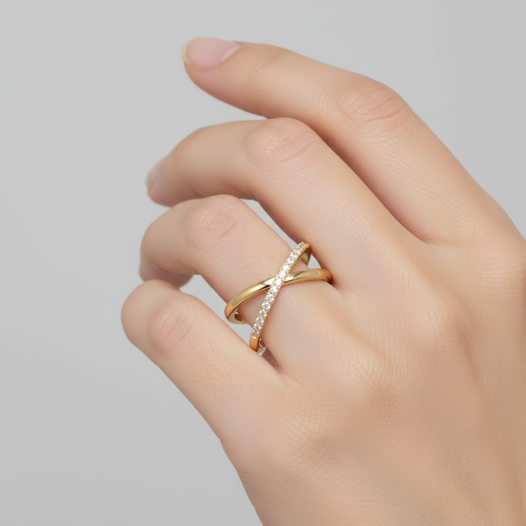 Female model wearing crossover diamond band ring