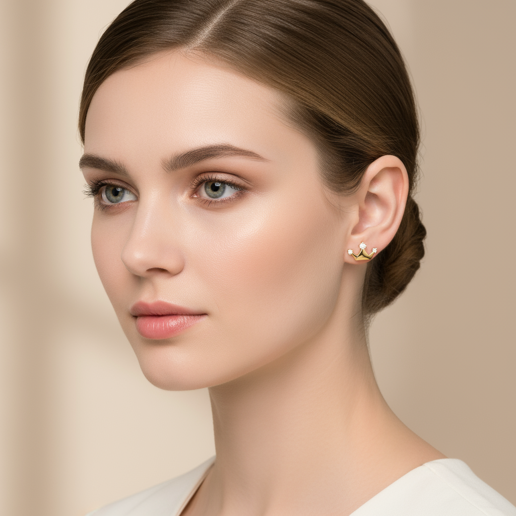 Female model wearing crown diamond earrings