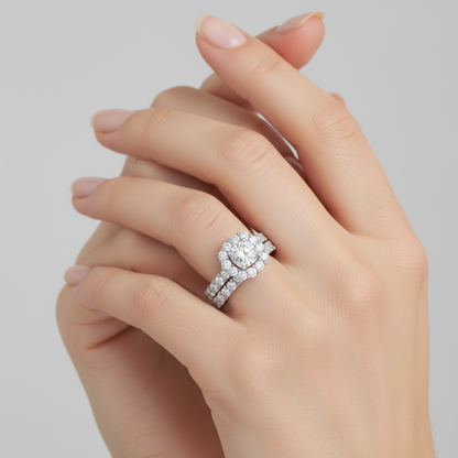 Female model wearing cushion-cut diamond halo engagement ring set with eternity band