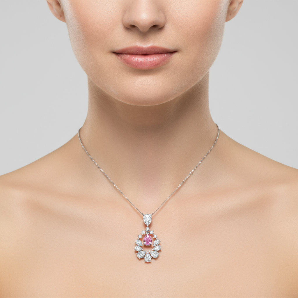 Female model wearing diamond and pink sapphire pendant
