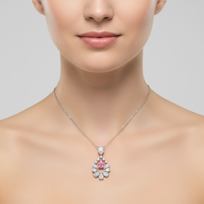 Female model wearing diamond and pink sapphire pendant