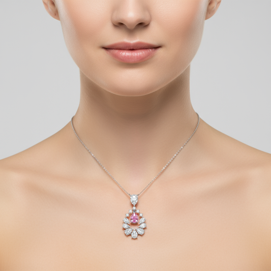 Female model wearing diamond and pink sapphire pendant