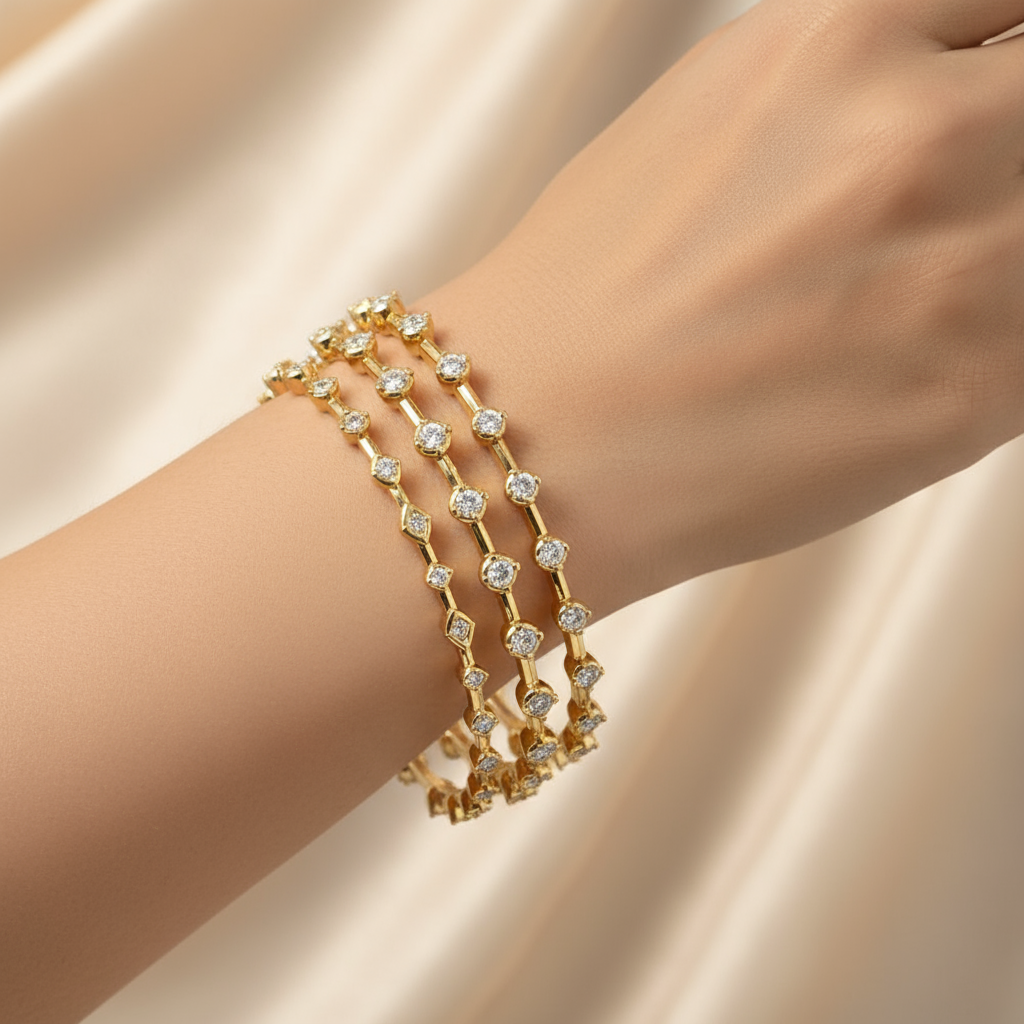 Female model wearing diamond bangles