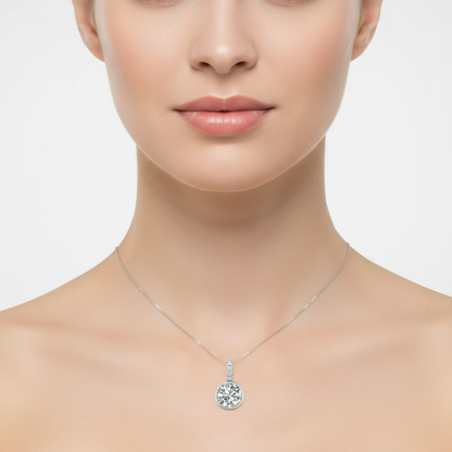 Female model wearing diamond bezel pendant