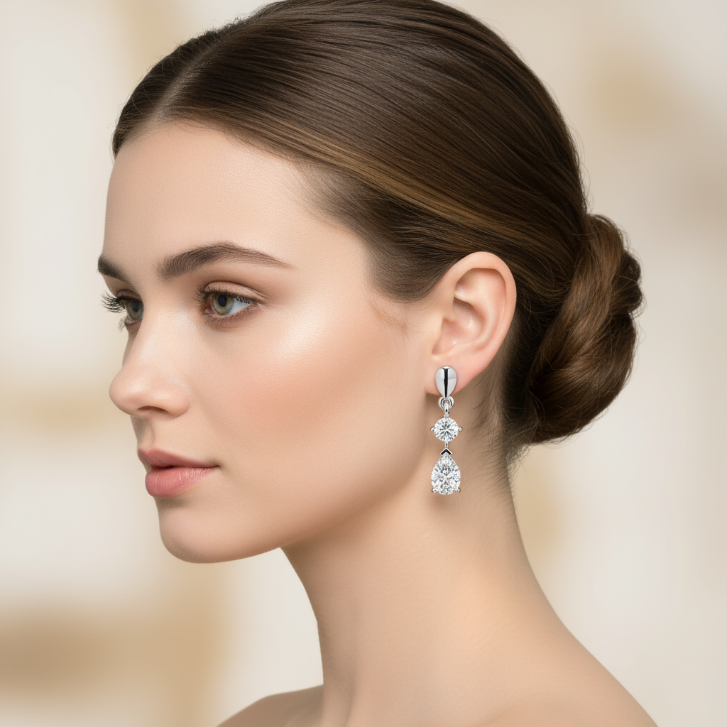 Female model wearing diamond drop earrings