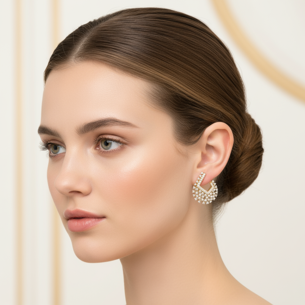 Female model wearing diamond ear climber earrings