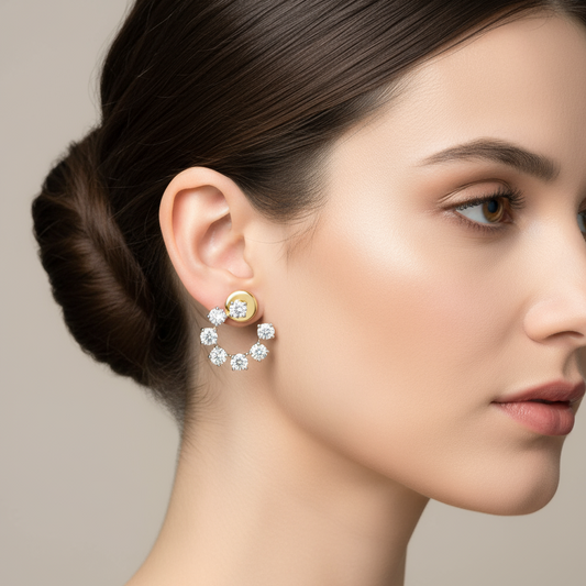 Female model wearing diamond earrings
