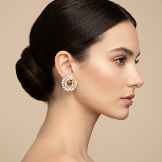Female model wearing diamond earrings