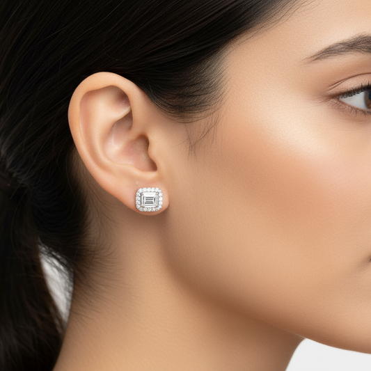 Female model wearing diamond earrings