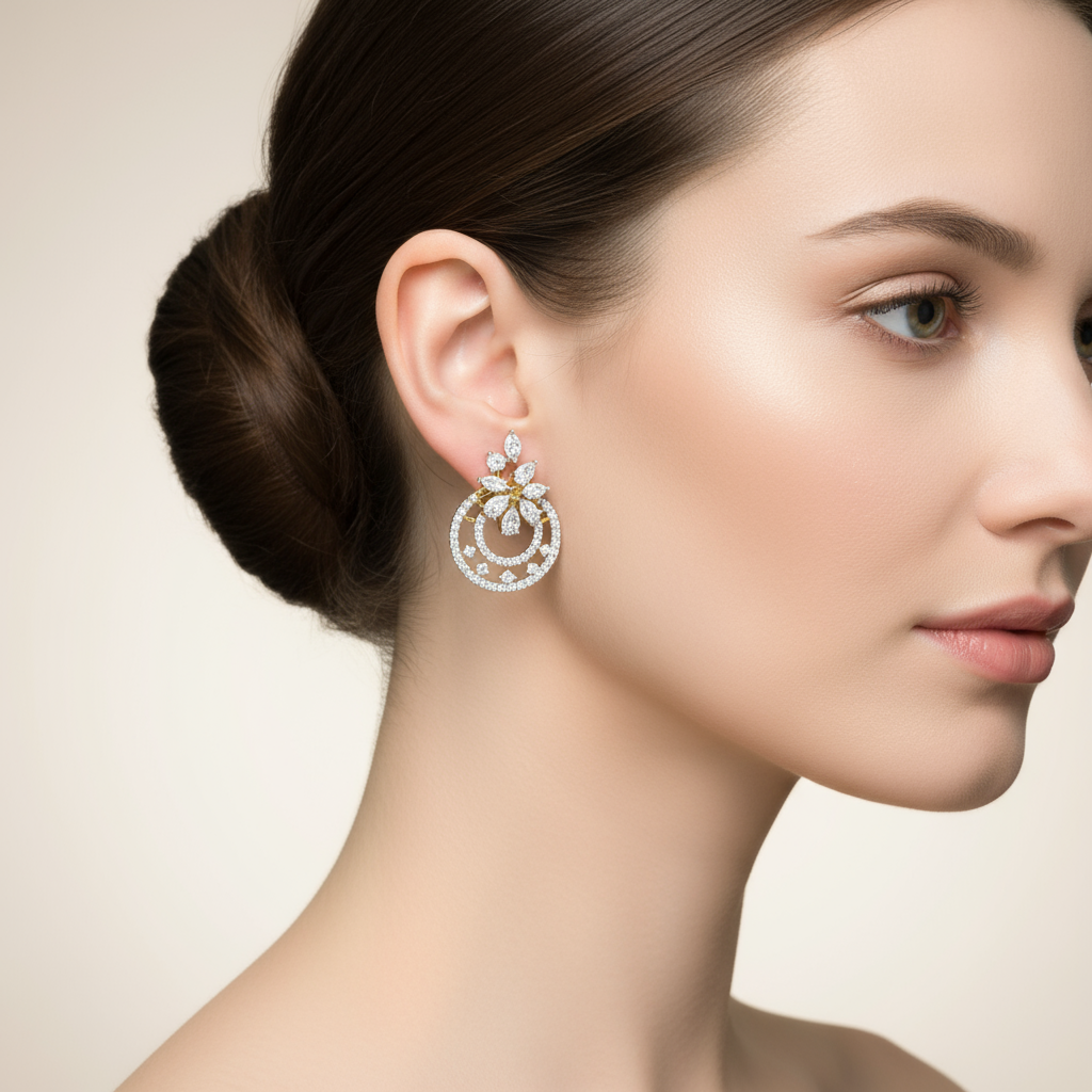 Female model wearing diamond earrings