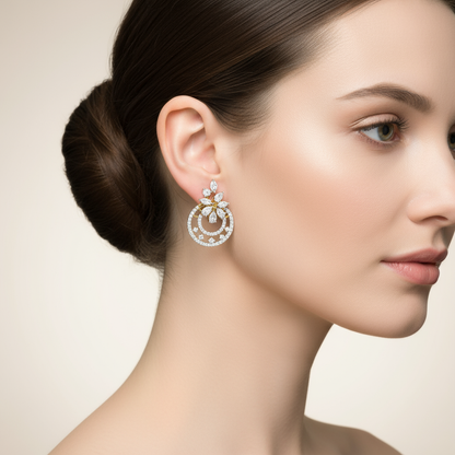Female model wearing diamond earrings