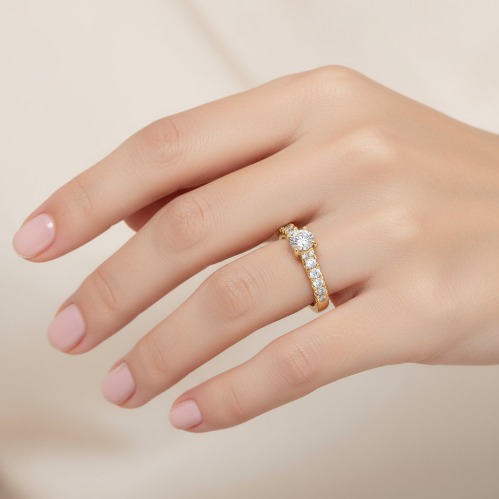 Female model wearing diamond engagement ring