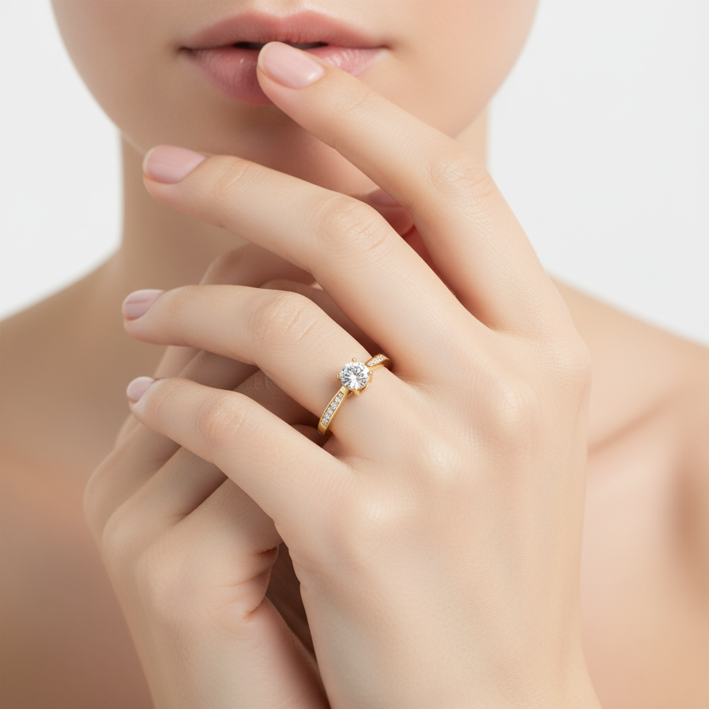 Female model wearing diamond engagement ring