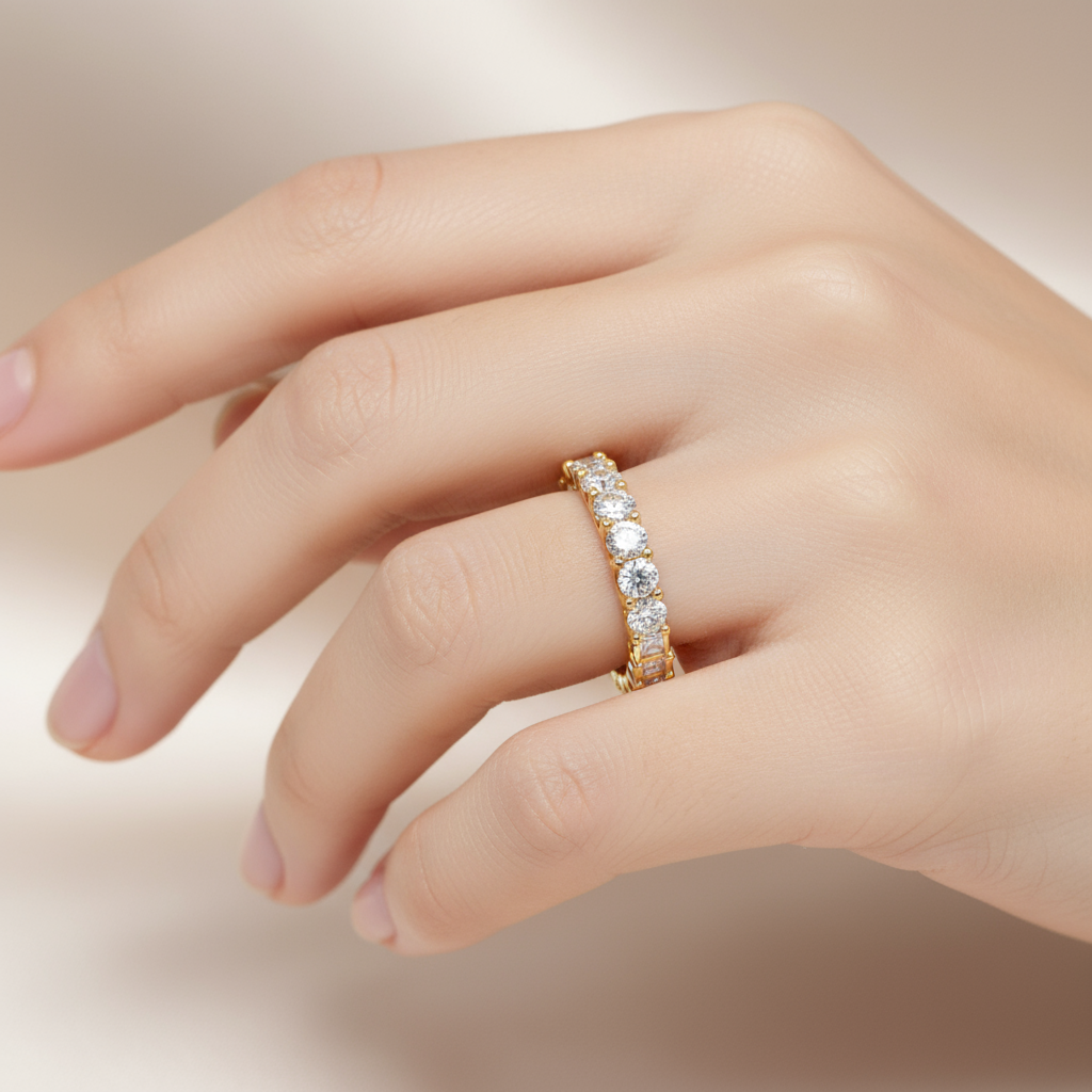 Female model wearing diamond eternity band