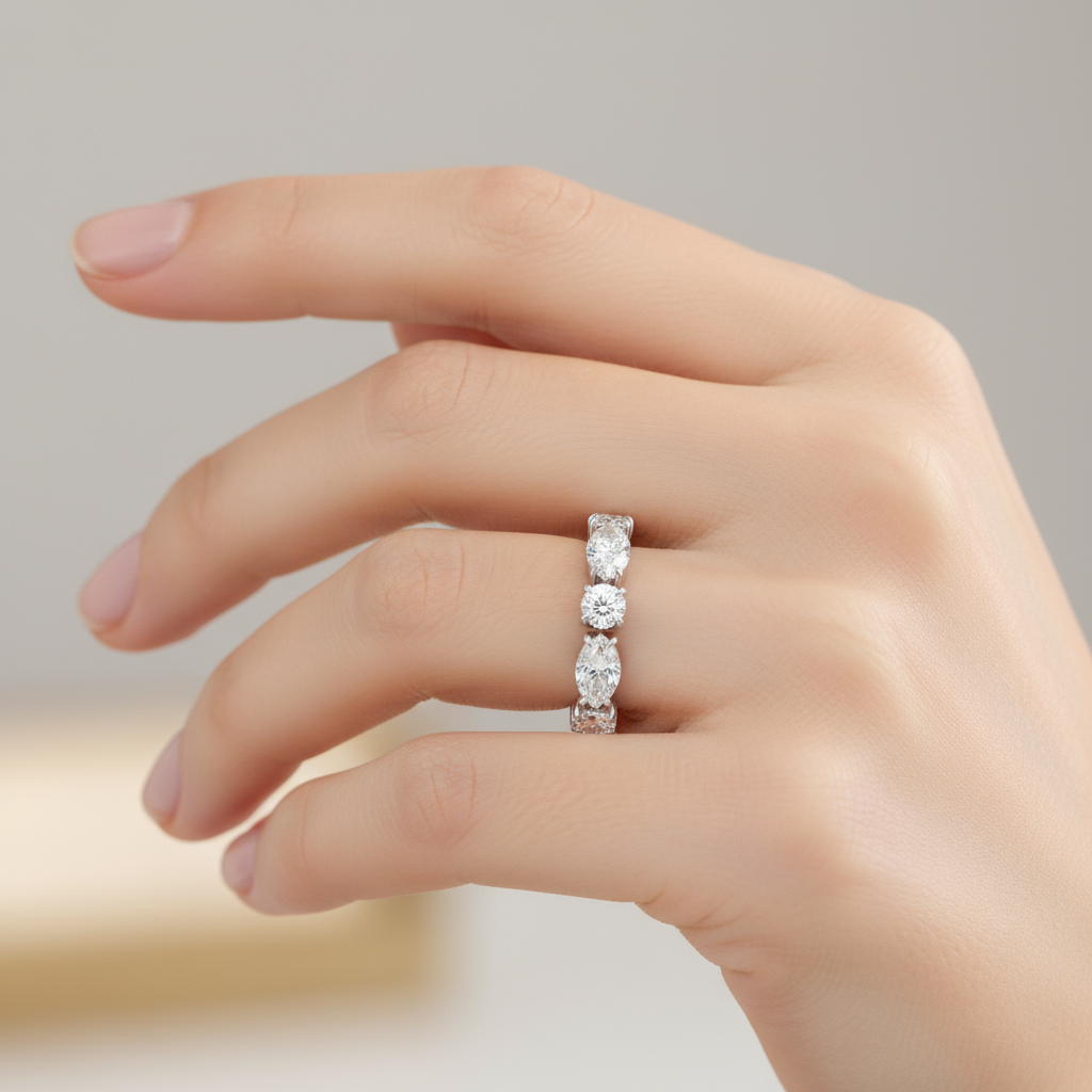 Female model wearing diamond eternity band