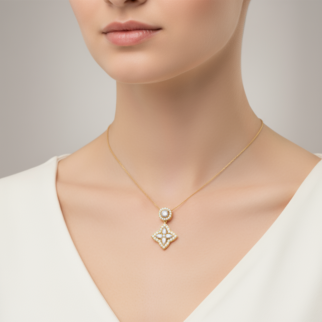 Female model wearing diamond floral pendant