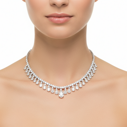 Female model wearing diamond fringe necklace