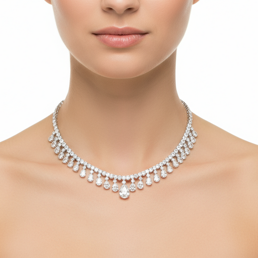 Female model wearing diamond fringe necklace