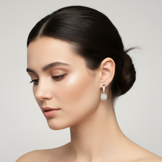 Female model wearing diamond halo hoop earrings