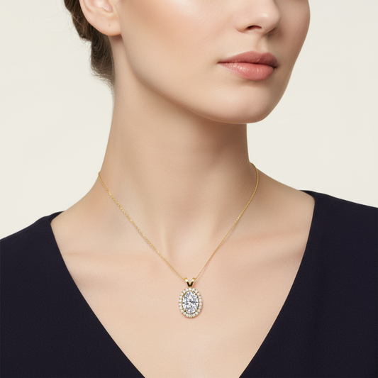 Female model wearing diamond halo pendant