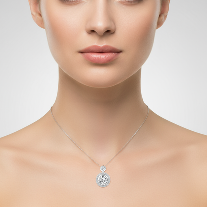 Female model wearing diamond halo pendant
