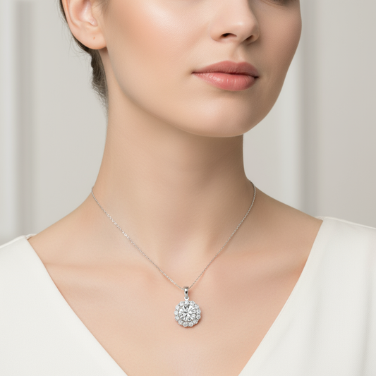 Female model wearing diamond halo pendant