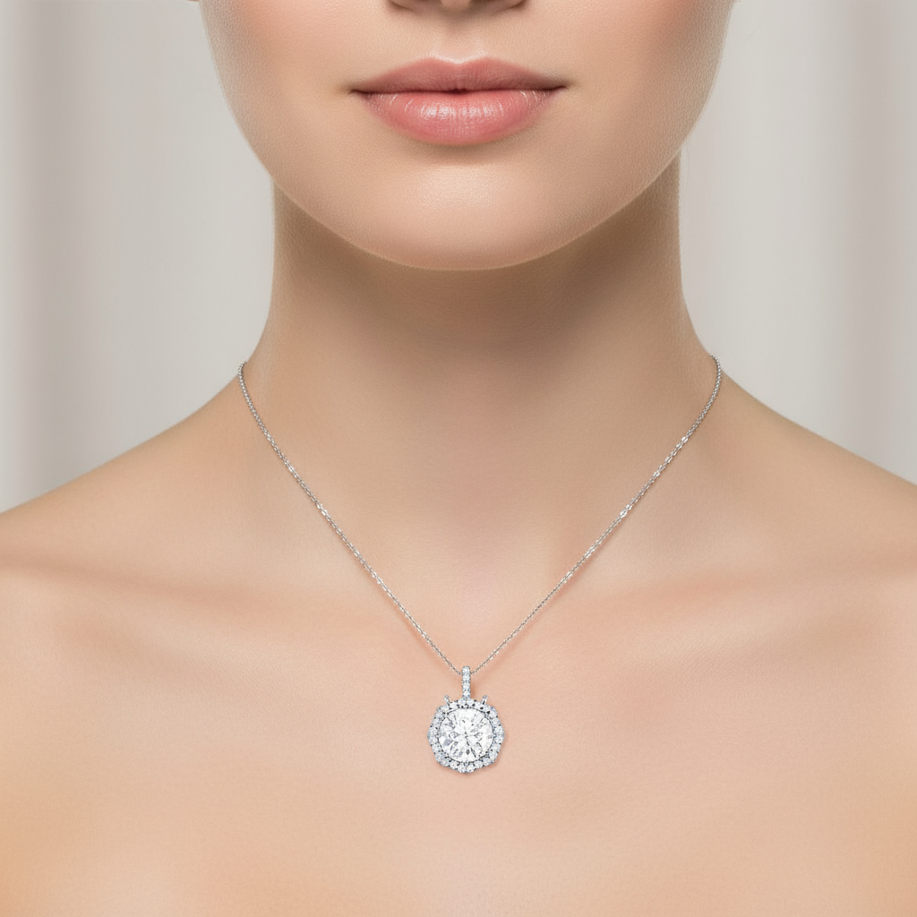 Female model wearing diamond halo pendant