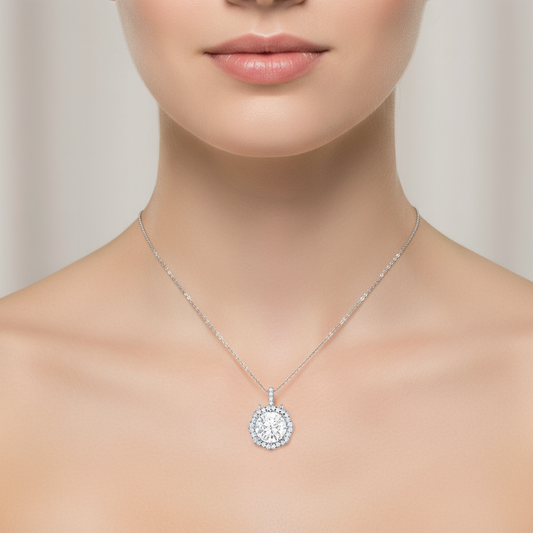 Female model wearing diamond halo pendant