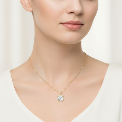 Female model wearing diamond halo pendant