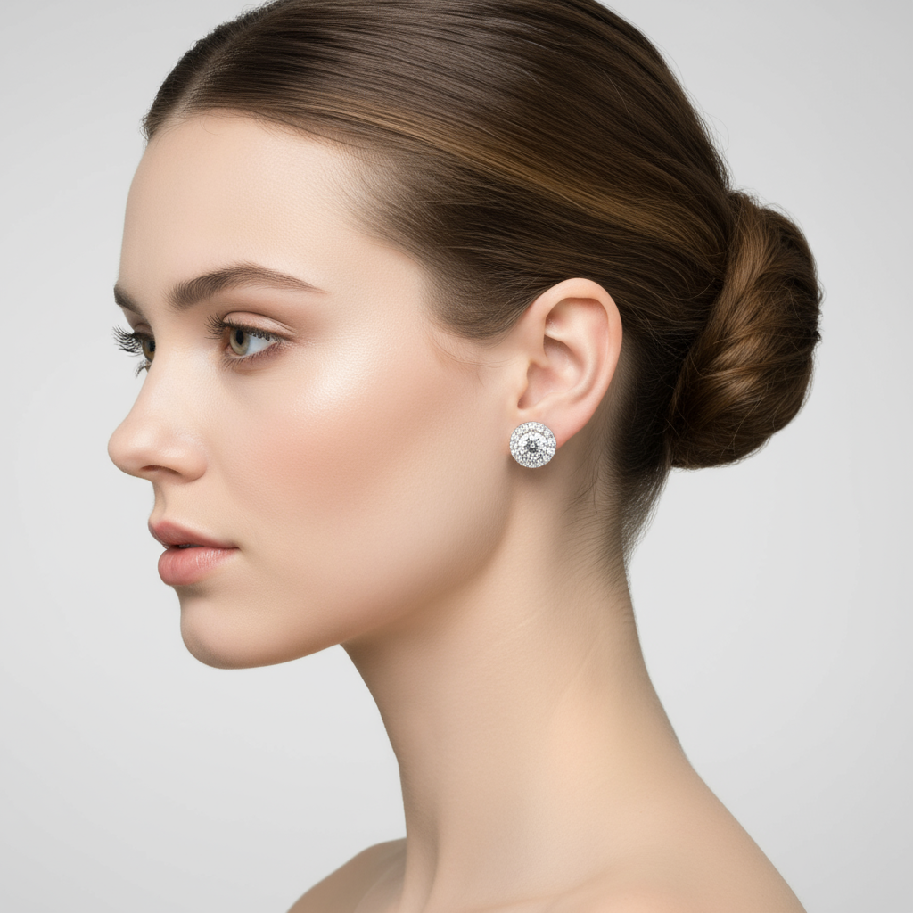 Female model wearing diamond halo stud earrings