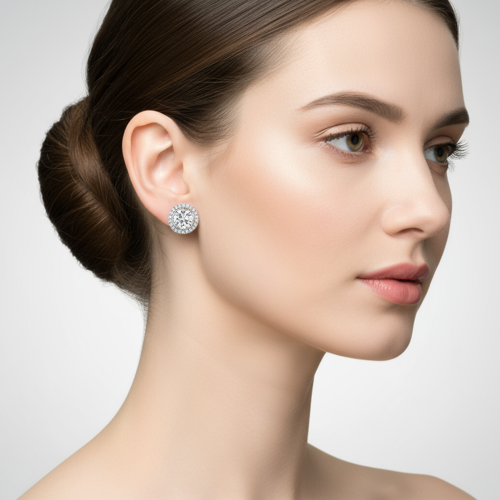 Female model wearing diamond halo stud earrings