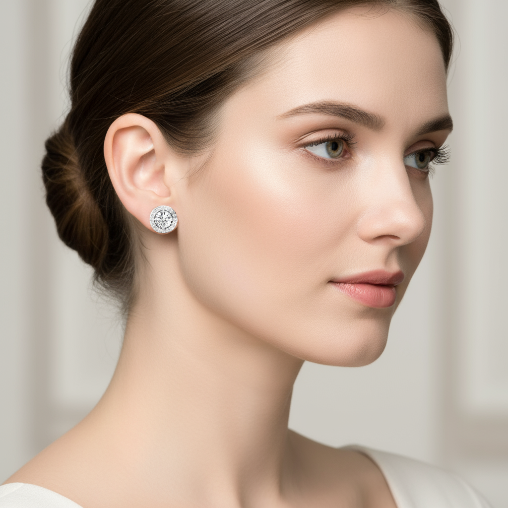 Female model wearing diamond halo stud earrings